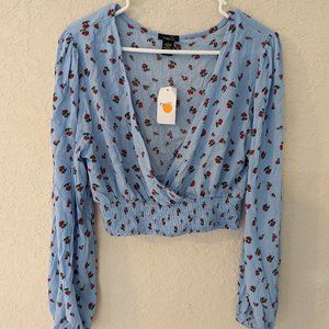 Rue 21 Cherry Long Sleeved Wrap Rouched Cropped Blouse Size L NWT